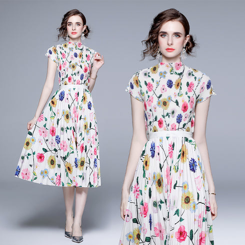 Alluring & Fresh Autumn Multicolor Floral Stretchable 2-Pcs Set, Mock Neck Top + Pleated Long Skirt, Casual and Formal Women Dress